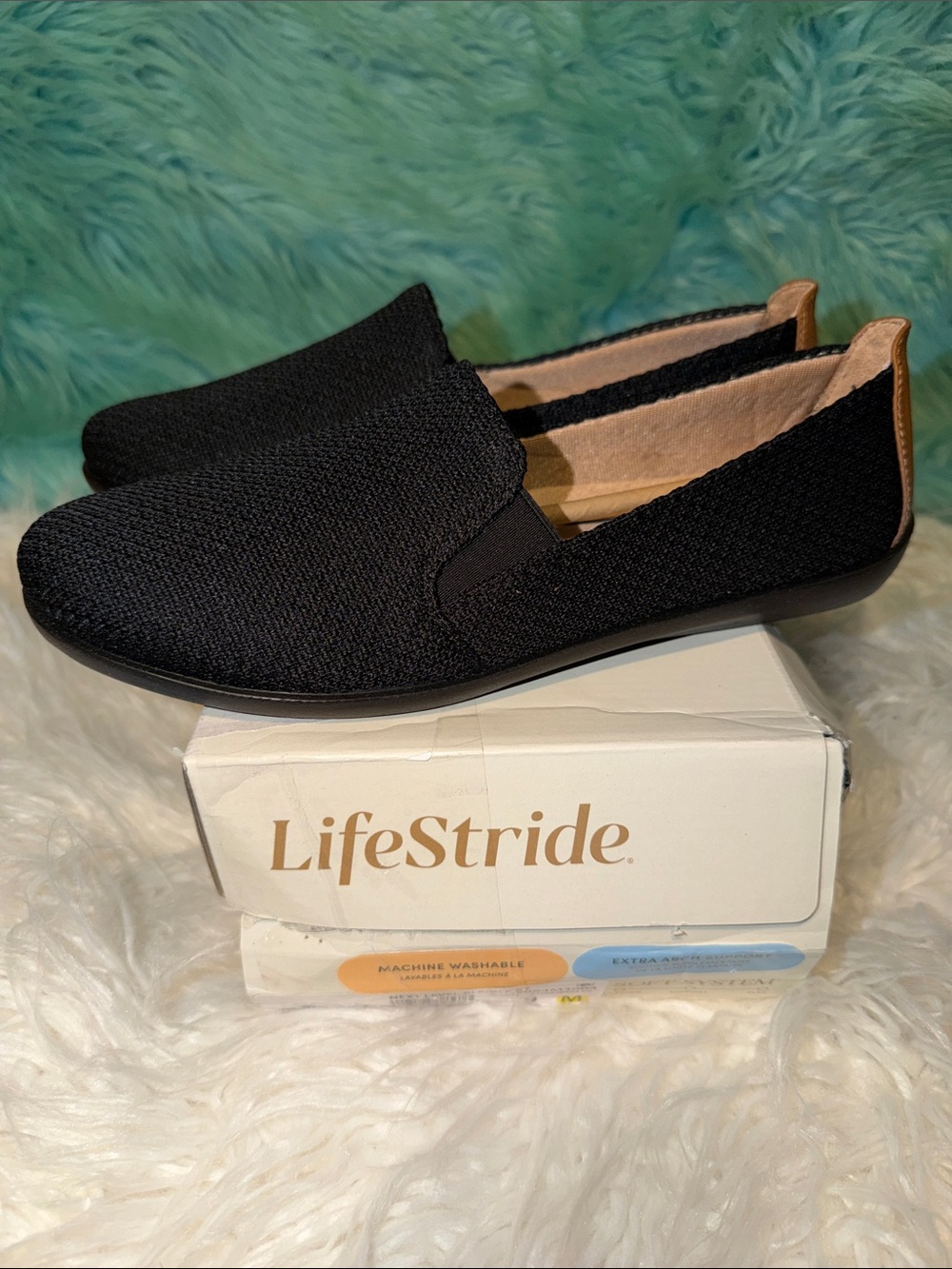 NIB Life Stride Next Level Black Knit Slip-On with Tan Heel Accent Size 9